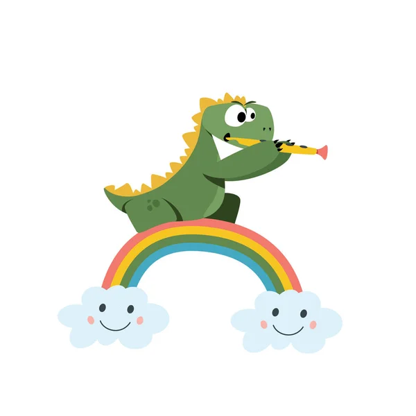 Entzückende Handgezeichnete Kindliche Dinosaurier Figuren Sitzen Auf Einem Regenbogen Und — Stockvektor