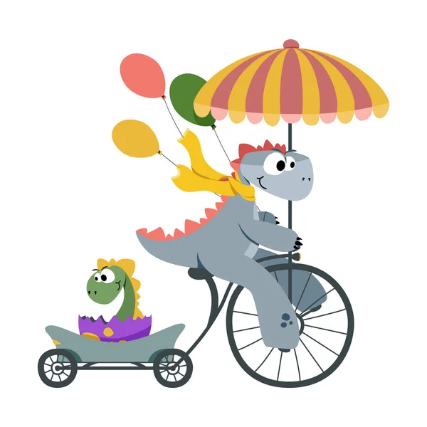 Aranyos Dinó Egy Kis Dinoszaurusszal Egy Biciklin Gyerekek Rajzfilm Karakter — Stock Vector