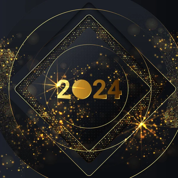 新年快乐2024年寒假贺卡设计模板 党的海报 旗帜或邀请函闪烁着金光的明星 矢量图形