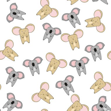 Hayvanlarda, koala ve farelerde kusursuz desen. Hayvan çizgi film karakteri tasarımı.