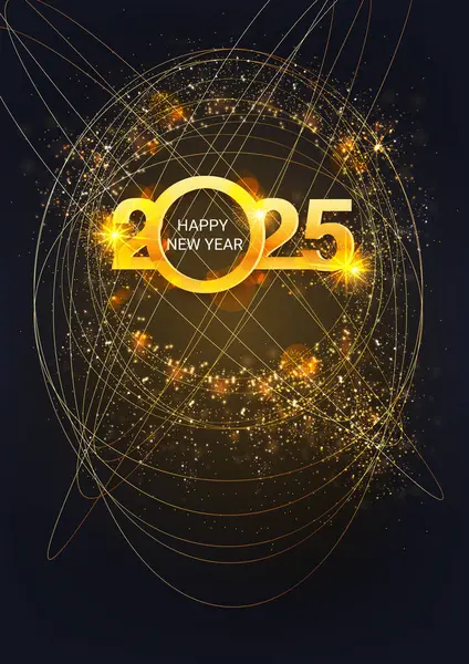 Mutlu yıllar 2025 kış tatili tebrik kartı tasarım şablonu. Parti posteri, afiş ya da davetiye yıldızların parıldayan konfeti süslemesi. Altın hediye yayı olan vektör arkaplan. Vektör illüstrasyonu.