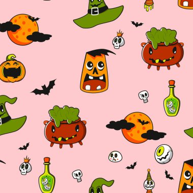 Tatlı Cadılar Bayramı kusursuz desen. Şapka, mantar, zehir, şapka cadısı, yarasa, kafatası, pembe arka plan çocukları baskı