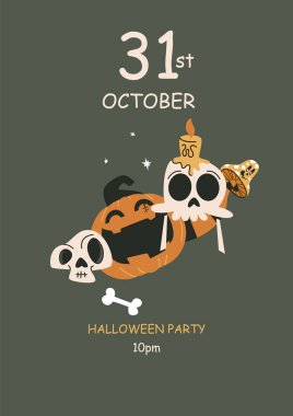 Karalama tarzında Cadılar Bayramı partisi posterleri. Vektör çizimi. Balkabağım, mantar ve kafatası uçur. Metin için boşluk.