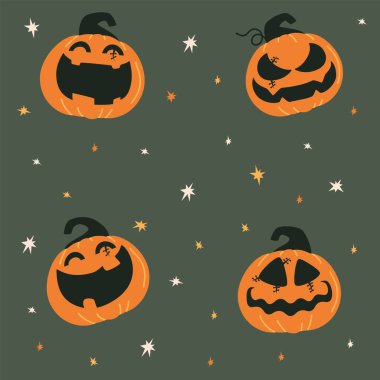 Tatlı Cadılar Bayramı kusursuz desen. Yıldızlı gökyüzü ve Cadılar Bayramı için çeşitli balkabakları. Çocuklar yazdırır.