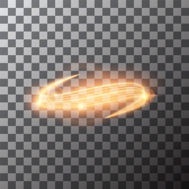 Işık efektleri, altın parıltılı dalgalar ve parlak kuyruklar. Şeffaf arkaplan üzerinde ışıltı efektli soyut vektör ateş ışığı