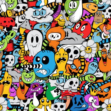 Farklı renkli canavarlarla karalama deseni.