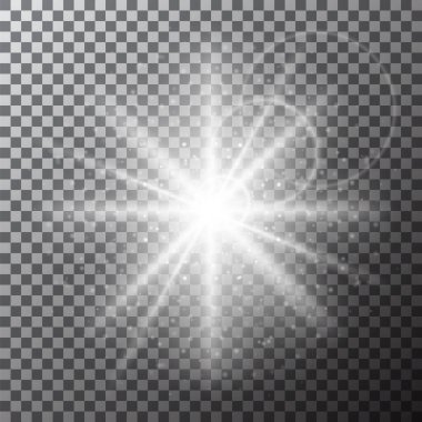 Şeffaf bir arkaplan üzerinde parlak ışık ışınları ve parlak parçacıklar sergilenerek dinamik bir görsel izlenim yaratan parlak bir yıldız patlaması etkisi ortaya çıkar..