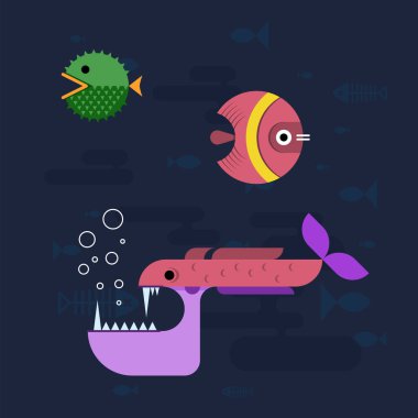 Çeşitli şekillerde parlak renkli balıklar okyanus yaşamının çeşitliliğini gösteren kabarcıklarla çevrili sanatsal sualtı dünyasında yüzerler. Oyuncu ve yaratıcı bir tasvir.