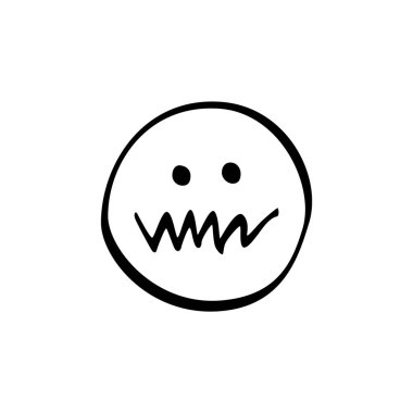 Basit bir siyah-beyaz çizimde iki gözü ve dalgalı bir ağzı olan yuvarlak bir yüz, neşeli ve kaprisli bir duyguyu ifade eder. Tasarım minimalizme odaklanıyor..