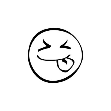 Yuvarlak şekilli neşeli bir çizgi film yüzü neşeli bir gülümseme ve dışarı çıkmış bir dille mutluluğu ifade eder. Bu tasarım neşe ve neşe saçıyor..