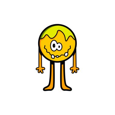 Garip bir çizgi film karakteri, üzerinde yeşil, büyük gözleri ve keskin dişleri olan yuvarlak turuncu bir gövdeye sahiptir. Uzuv gibi uzantılarla ayakta duruyor, neşeli bir ruhu somutlaştırıyor..