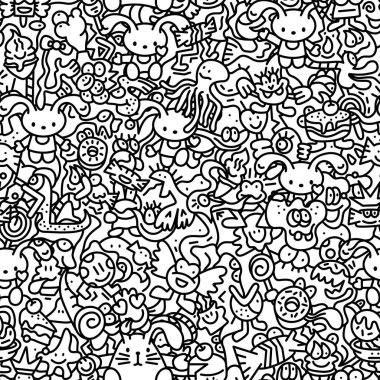 Siyah-beyaz elle çizilmiş, vektör karalama deseni. Hayvanlar, tatlılar, çizgi film suratları, Hello Kitty tarzı kediler, tatlılar, deniz yaratıkları ve eğlenceli soyut elementler gibi sevimli kawai tarzı karakterler. Boyama kitapları ve tekstil baskıları için ideal,