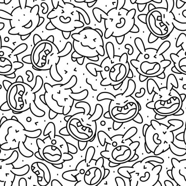 Kawaii tarzı canavarlar ve duygularla kusursuz karalama vektör deseni. Boyama sayfaları, çocuk tasarımları, kumaş baskıları, ambalaj ve kırtasiye malzemeleri için mükemmel..