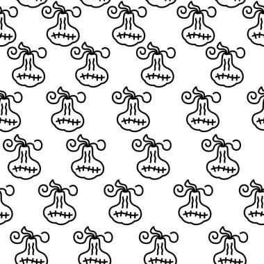 Tekrarlanan bir şablon, parlak beyaz arka planda çarpık saplı ve dikişli şakacı balkabağı çizimleri sergiliyor. Tasarım eğlenceli, mevsimsel bir atmosferi çağrıştırıyor..