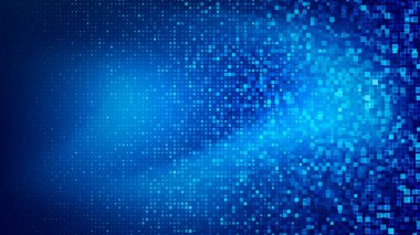 Mavi karelerden oluşan canlı bir dizi büyüleyici bir soyut tasarım yaratarak, dijital sanatsal ve teknolojik yenilikleri sembolize ediyor..