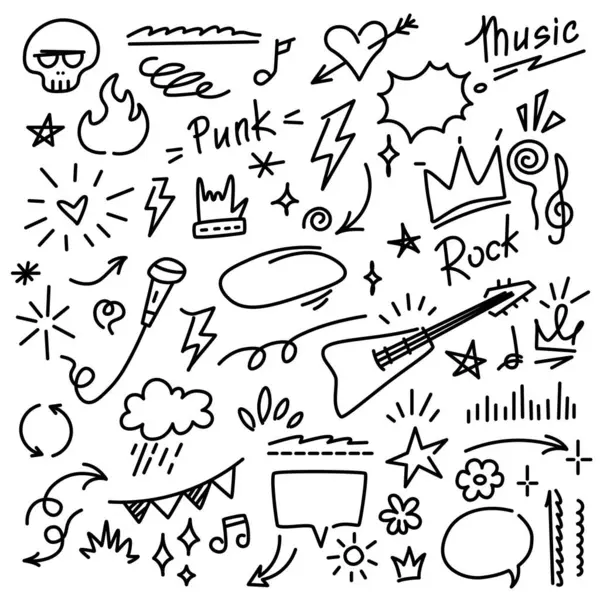 Canlı bir el çizimi karalama koleksiyonu çeşitli müzik sembolleri, enstrümanlar ve punk rock temaları sergileyerek renkli bir sanat gösterisi yaratıyor. Müzik severler için mükemmel..