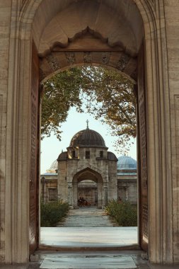 İstanbul 'daki (Türkiye) Süleyman Camii' ne giriş - sonbahar bahçesi - günbatımında sarı ağaçlar - İslam dini