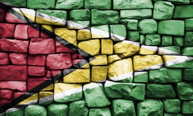 Guyanese bayrağı, yeşil bir arazisi olan engebeli bir taş duvara asılmış kırmızı bir ikizkenar üçgen ve üzerine yerleştirilmiş siyah kenarlı sarı bir ikizkenar üçgen, ulusal gurur ve dayanıklılığı sembolize ediyor.