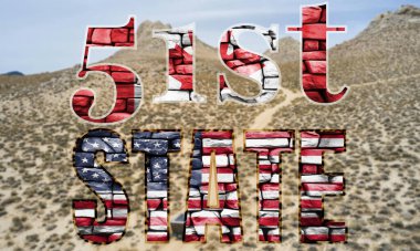 Donald Trump's 51st State comments spark debate, symbolized by American flag text in a desert landscape clipart