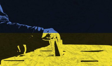 El, Ukrayna bayrağını taşıyan ve Ukrayna 'da demokrasiyi ve potansiyel seçimleri sembolize eden bir sandığa oy veriyor.