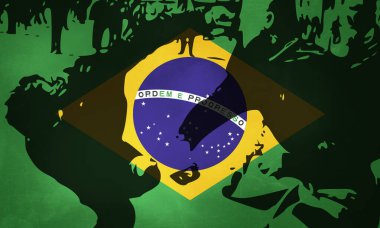 Brezilya bayrağı şiddet içeren sanatsal unsurlarla, Brezilya 'daki sosyal sorunları yeşil arka planda yansıtıyor