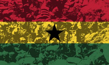 Ghana's national flag combined with scenes of illegal mining, portraying the struggle against environmental degradation and social issues clipart