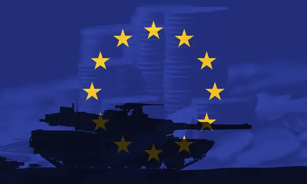 Bir tank silueti, Avrupa Birliği bayrağının altında, Avrupa Birliği 'nin birleşik bir AB ordusunun ekonomik ve askeri gücünü sembolize eden avro para birikintileriyle kaplanmış yıldız çemberiyle duruyor.