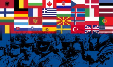 NATO güçlerinin çarpıcı bir görüntüsü, ittifakın bayrakları altında ağır donanımlı askerler, birlik, koruma ve askeri hazırlık simgesi.