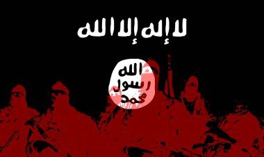 Graphic depiction of the Islamic State (ISIS) featuring militant silhouettes and the black flag, symbolizing extremism and terrorism clipart