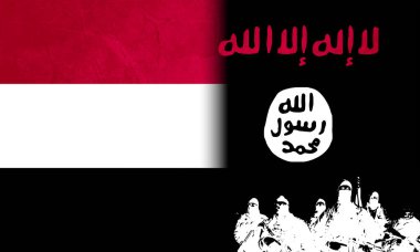 Graphic representation of ISIS in Yemen, merging the black flag of the Islamic State with the Yemeni national colors and militant silhouettes clipart