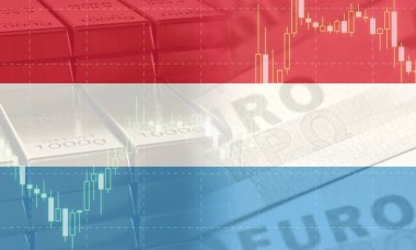 Ülkenin ekonomik gücünü ve müreffeh finans sektörünü sembolize eden, bayrak, altın külçeler, Avrupa sembolleri ve finansal tabloların yer aldığı Lüksemburg zenginlik kavramı
