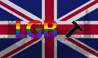 Sendika bayrağı LGBTQ + gökkuşağı harfleri ve tokmak ile İngiltere 'deki son Yüksek Mahkeme kararını sembolize ediyor.