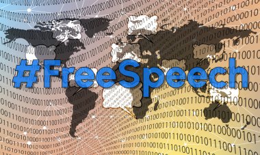 Dijital dünya haritası dijital çağda ifade özgürlüğü ve internet haklarını sembolize eden ikili kod ve # FreeSpeech hashtag ile örtülmüştür.
