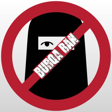 Siyah bir burka siluetinin üzerine çarpıcı bir kırmızı yasak sembolü ile çarşaf yasağı kavramını temsil eden cesur bir grafik, kültürel ve dini özgürlükler üzerine devam eden tartışmayı yansıtıyor.