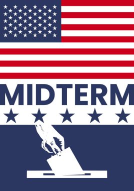 Demokrasi ve vatandaşlık görevlerini sembolize eden bir oy sandığı ve Amerikan bayrağının yer aldığı ABD ara seçimleri için cesur siyasi illüstrasyon