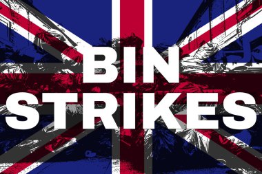 Birleşik Krallık 'taki çöp grevlerini gösteren grafiksel tasarım, çöp poşetleri üzerine Union Jack, atık krizi ve kamu hizmeti bozulmasını sembolize ediyor