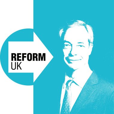 Bristol, İngiltere - Mayıs 2025: Reformcu İngiliz lider Nigel Farage 'ın stilize edilmiş portresi, siyasi kimlik ve kampanya varlığını simgeleyen resmi parti logosuyla örtüldü