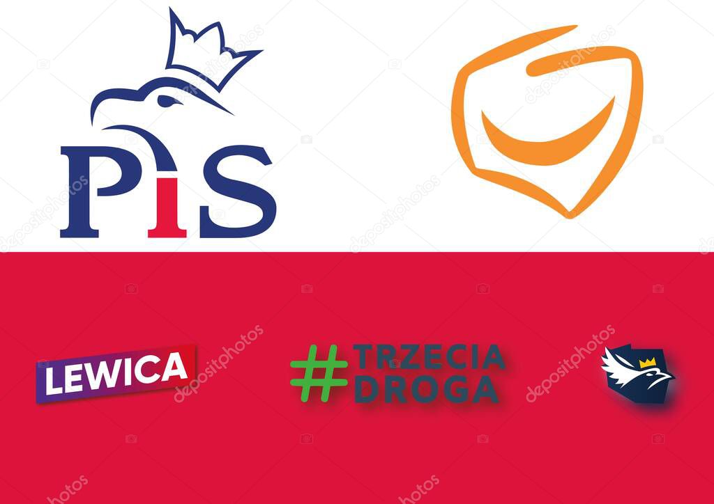 Logos of major Polish political parties ahead of the 2025 parliamentary elections. Includes PiS, PO, Lewica, Trzecia Droga, and Konfederacja. Poland, May 2025