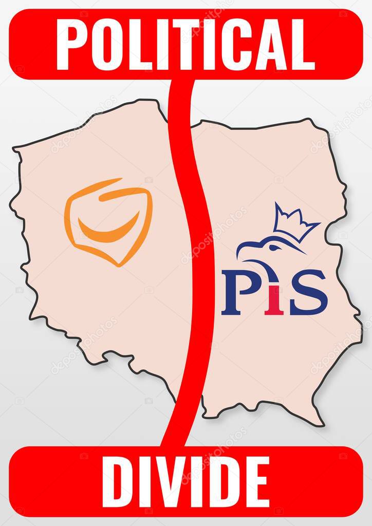Illustration showing political division in Poland, with Civic Platform (PO) support dominant in the west and Law and Justice (PiS) strong in the east. Conceptual 2025 election map