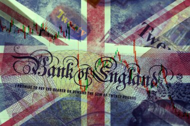 Bank of England banknotu, İngiliz ekonomisinin karşı karşıya olduğu mevcut zorlukları gösteren Union Jack ve mali tablolarıyla örtüşmektedir.