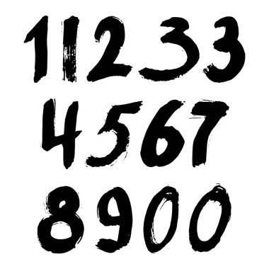 İzole edilmiş beyaz arka planda siyah fırçayla boyanmış kaligrafik sayılar kümesi. Tasarımın için mektup. Vektör illüstrasyonu