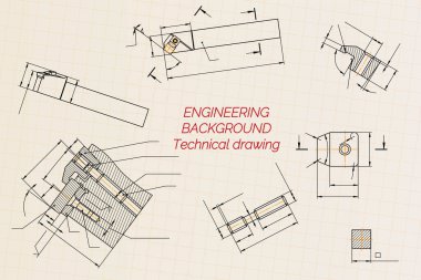 Işık arka planında makine mühendisliği çizimleri. Kesici, değiştirilebilir çok yönlü plakalı montaj aracı. Teknik Tasarım. Koruyun. Ayrıntılı plan. Vektör illüstrasyonu.