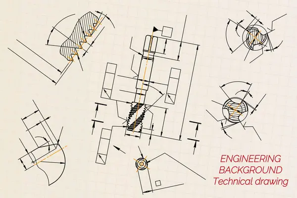 浅层背景的机械工程图纸 踢踏舞工具 穴居人 技术设计 盖住蓝图 矢量说明 — 图库矢量图片