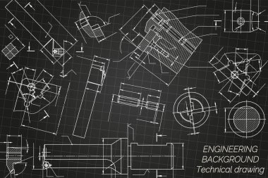 Siyah arka planda makine mühendisliği çizimleri. Musluk aletleri, sıkıcı, kesme aletleri, değirmen makası. Teknik Tasarım. Koruyun. Ayrıntılı plan. Vektör illüstrasyonu