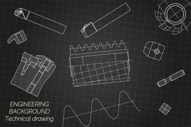 Siyah arka planda makine mühendisliği çizimleri. Musluk aletleri, sıkıcı, kesme aletleri, değirmen makası. Teknik Tasarım. Koruyun. Ayrıntılı plan. Vektör illüstrasyonu