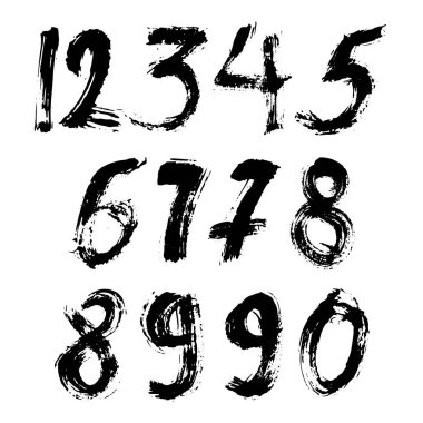 İzole edilmiş beyaz arka planda siyah fırçayla boyanmış kaligrafik sayılar kümesi. Tasarımın için mektup. Vektör illüstrasyonu