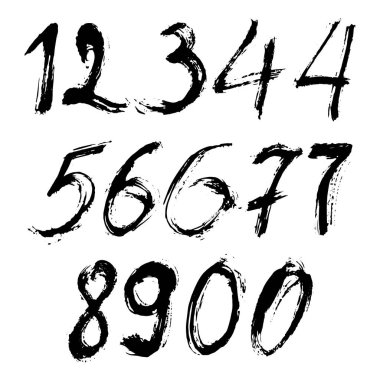 İzole edilmiş beyaz arka planda siyah fırçayla boyanmış kaligrafik sayılar kümesi. Tasarımın için mektup. Vektör illüstrasyonu