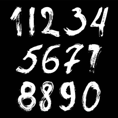 İzole edilmiş siyah arka planda beyaz fırçayla boyanmış kaligrafik sayılar kümesi. Tasarımın için mektup. Vektör illüstrasyonu