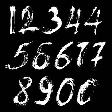 İzole edilmiş siyah arka planda beyaz fırçayla boyanmış kaligrafik sayılar kümesi. Tasarımın için mektup. Vektör illüstrasyonu