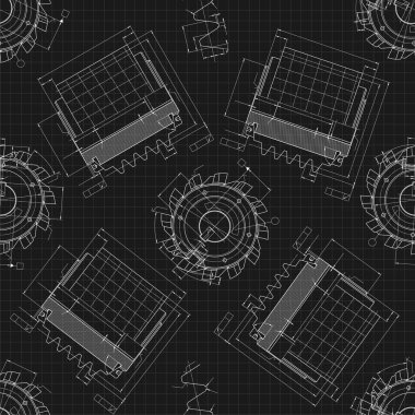 Siyah arka planda makine mühendisliği çizimleri. Kesme aletleri, değirmen kesici. Teknik Tasarım. Koruyun. Ayrıntılı plan. Kusursuz desen. Vektör illüstrasyonu